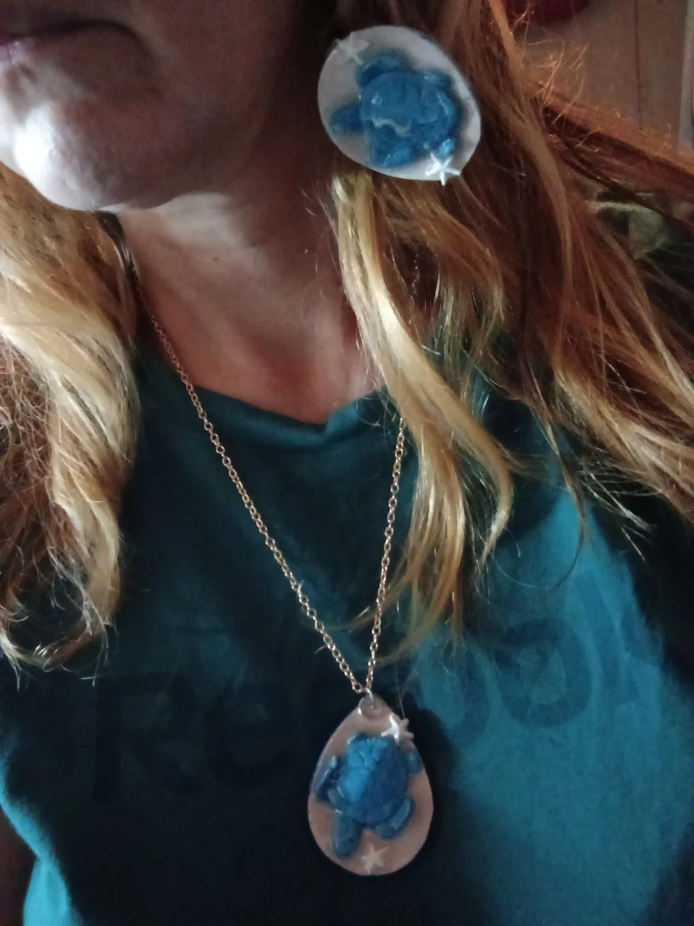 Handmade Sea Turtle Pendant Necklace and Matching Barrette Set
